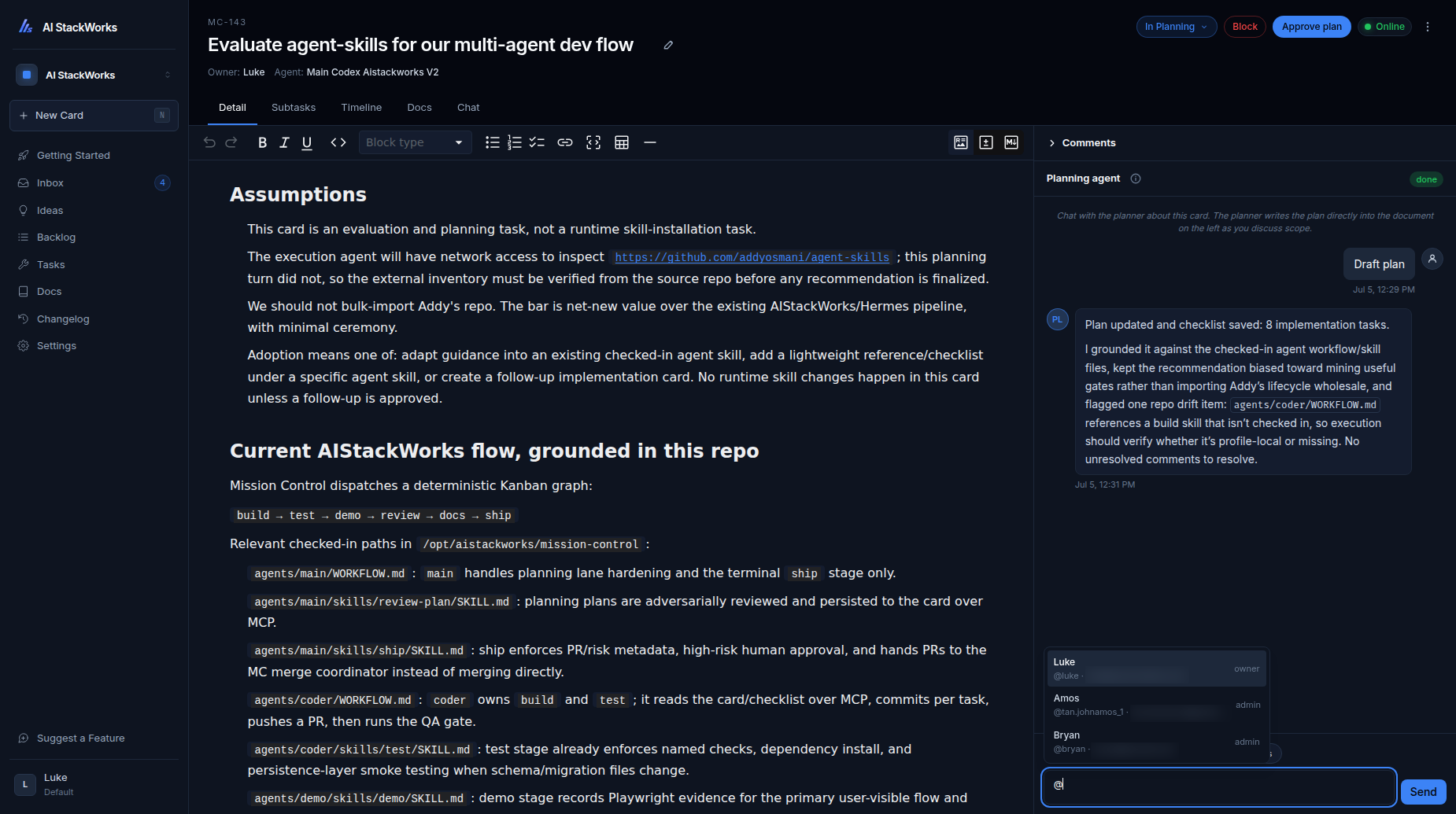 A card's plan document beside the planning agent chat, with teammates available to @-mention and an Approve plan button