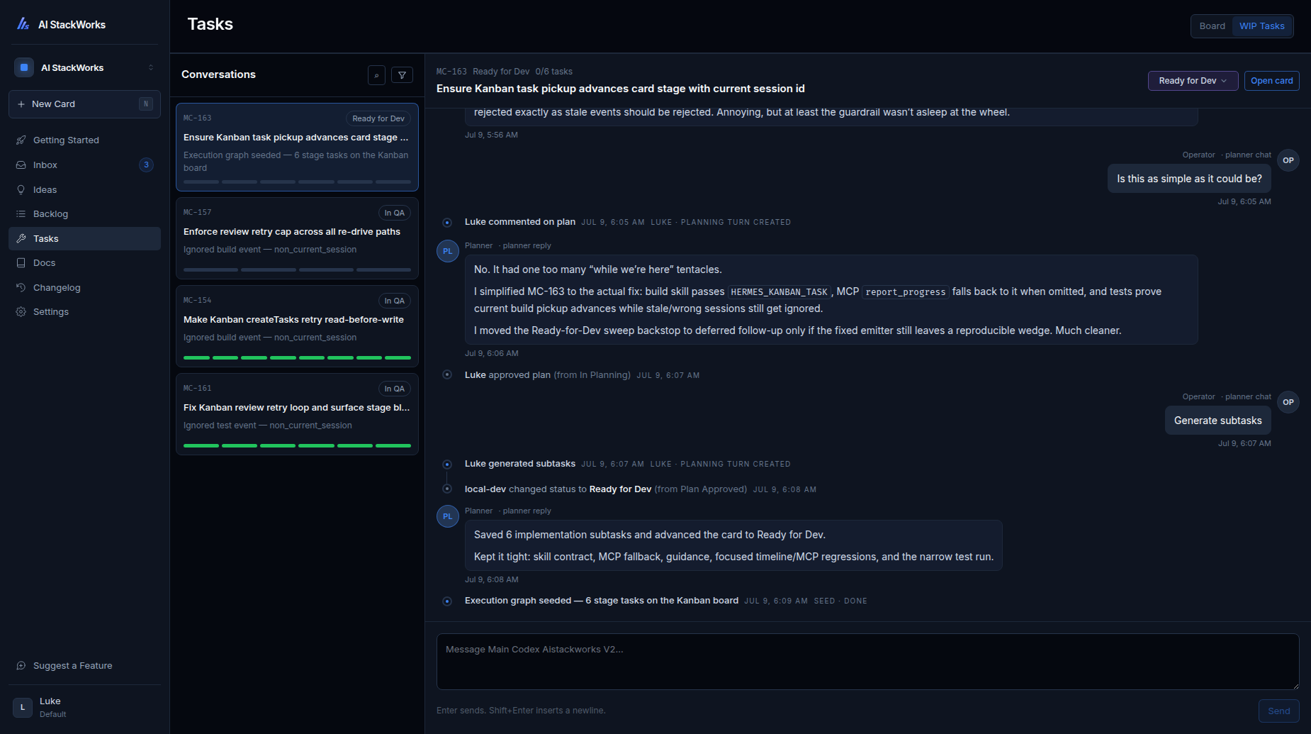 The WIP Tasks view: several in-flight cards at different stages, with the selected card's agent conversation interleaved with its timeline events